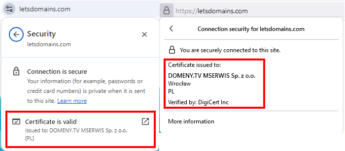 Trust and visibility attributes of verified organizational data in EV certificates in Chrome (left) and Mozilla Firefox (right).